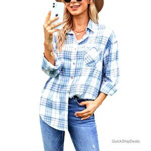Oversized Flannel Button Down Shirt, Long Sleeve Loose Fit Blouse